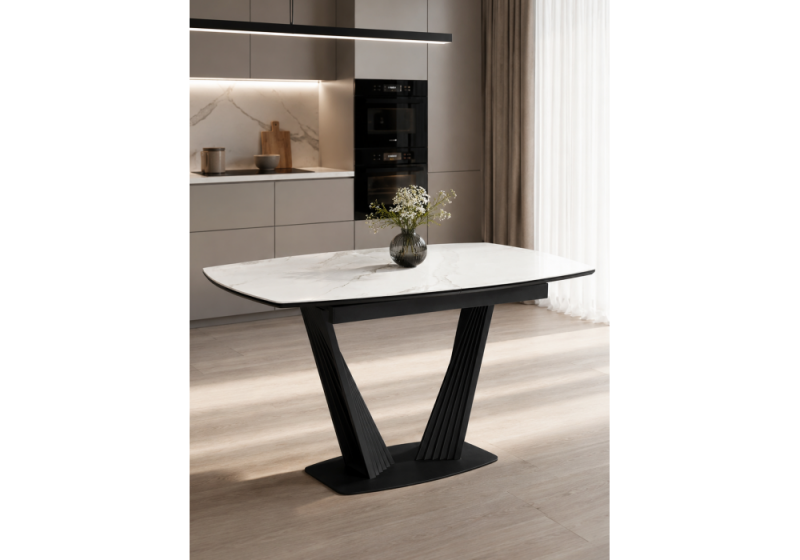 Керамический стол Вейл 140(180)х80 белый мрамор snow white / черный (80x75)